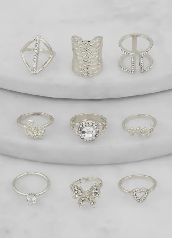 Metallic Cubic Zirconia Shaped Rings Set of 9 sold by Rainbow