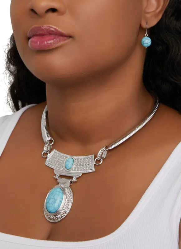 Stone Pendant Collar Necklace with Earrings Set sold by Rainbow