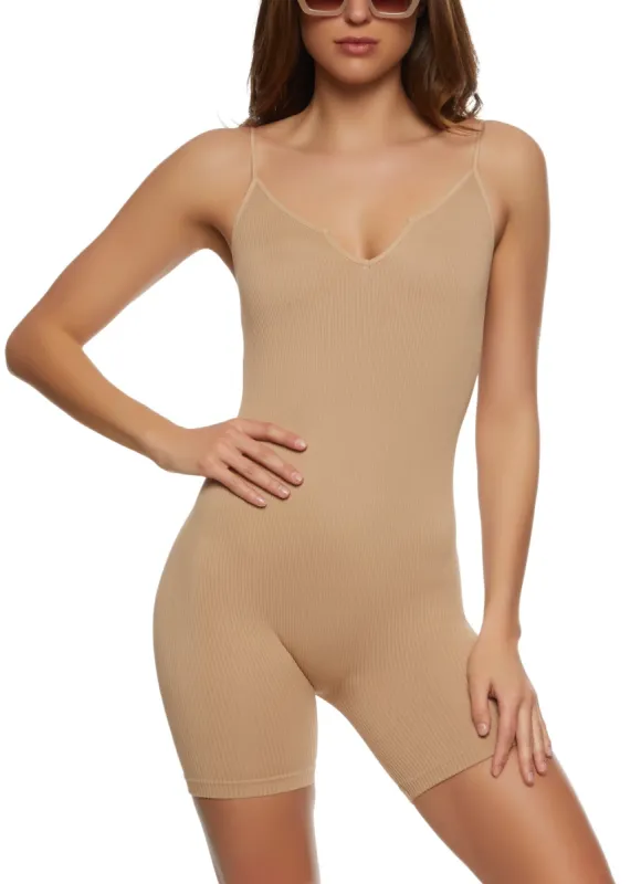 Rib Knit Notch Neck Cami Romper sold by Rainbow