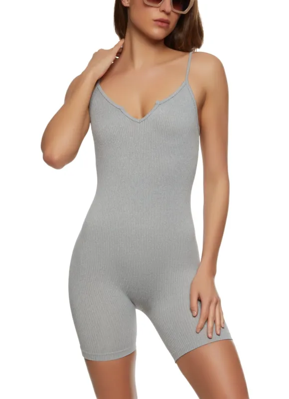 Rib Knit Notch Neck Cami Romper sold by Rainbow