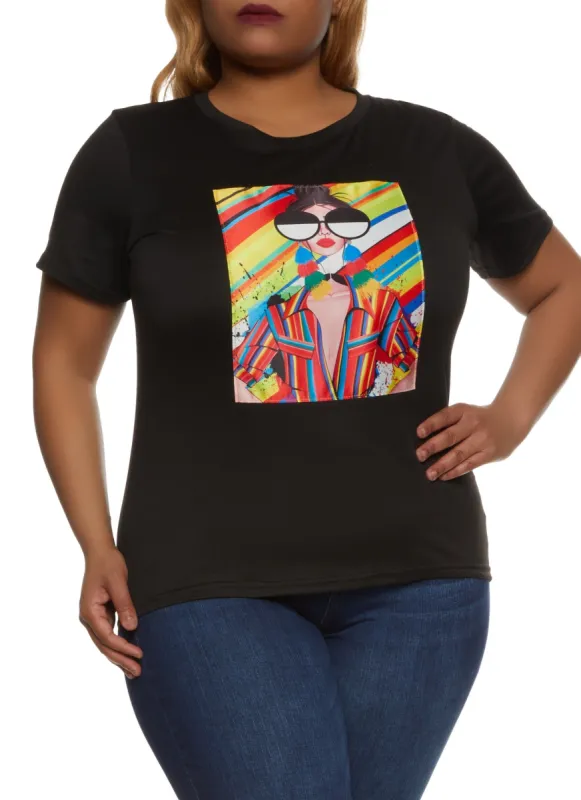 Plus Size Rainbow Paint Splatter Patch Graphic Tee sold by Rainbow