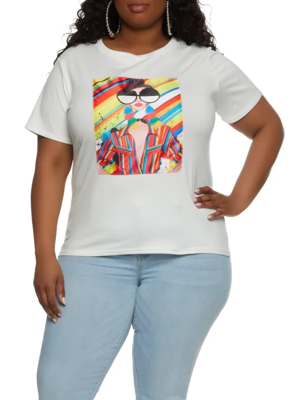 Plus Size Rainbow Paint Splatter Patch Graphic Tee sold by Rainbow