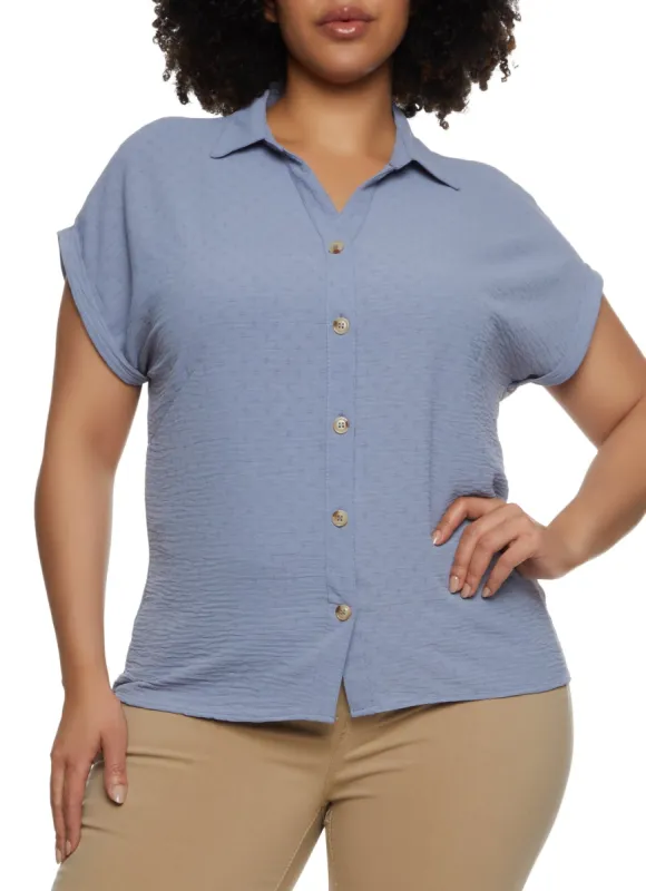 Plus Size Crepe Knit Button Front Shirt sold by Rainbow