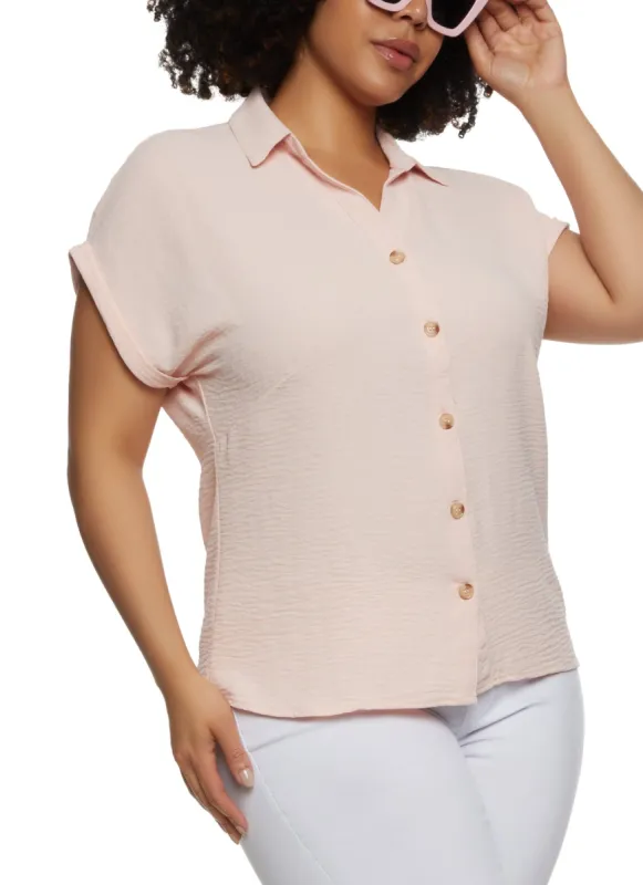 Plus Size Crepe Knit Button Front Shirt sold by Rainbow