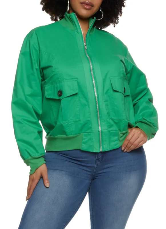 Plus Size Ribbed Trim Twill Bomber Jacket sold by Rainbow