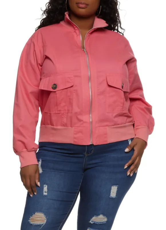 Plus Size Ribbed Trim Twill Bomber Jacket sold by Rainbow