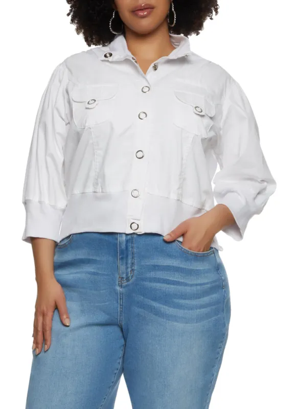 Plus Size Ribbed Trim Twill Cropped Bomber Jacket sold by Rainbow