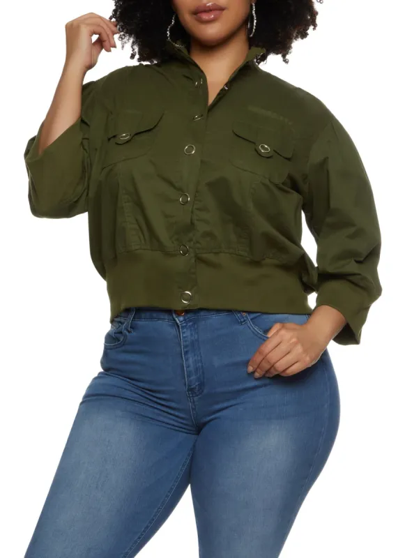 Plus Size Ribbed Trim Twill Cropped Bomber Jacket sold by Rainbow