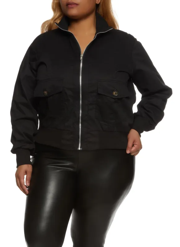 Plus Size Ribbed Trim Twill Bomber Jacket sold by Rainbow