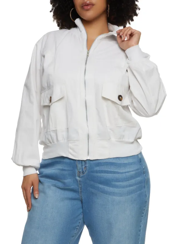 Plus Size Ribbed Trim Twill Bomber Jacket sold by Rainbow
