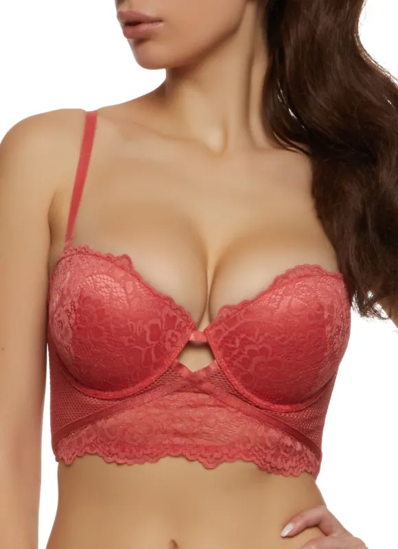 Fishnet Detail Floral Lace Longline Plunge Bra sold by Rainbow