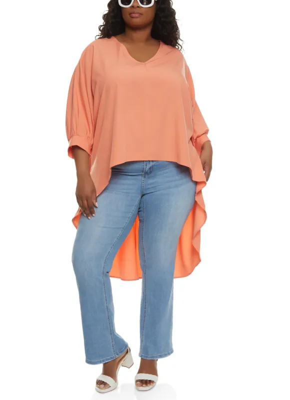 Plus Size Crepe Knit Quarter Sleeve High Low Blouse sold by Rainbow