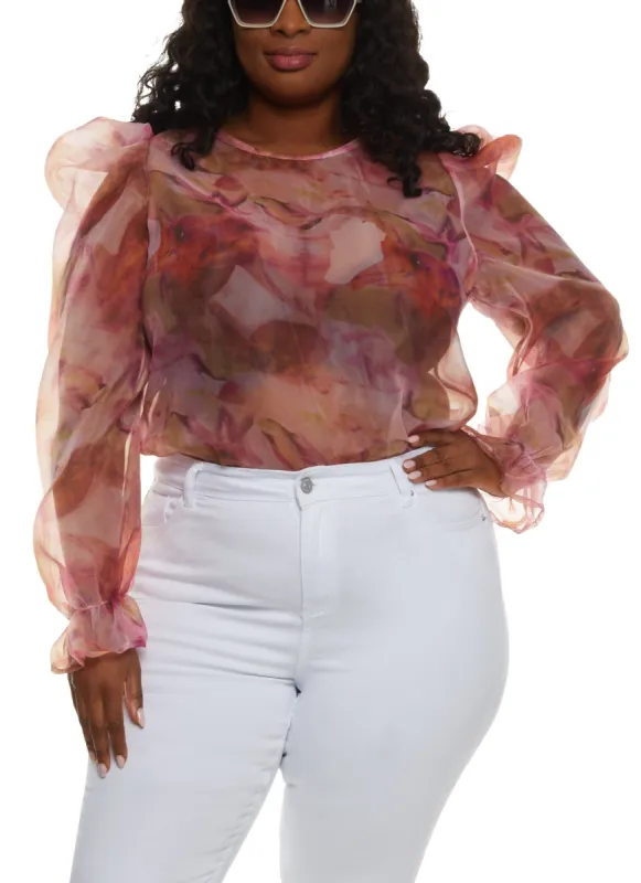 Plus Size Organza Puff Sleeve Blouse sold by Rainbow