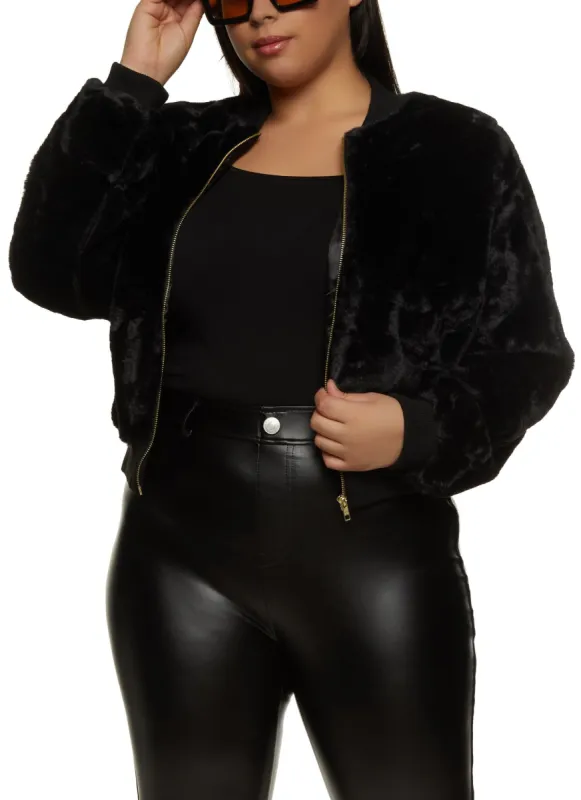 Plus Size Zip Front Faux Fur Bomber Jacket sold by Rainbow