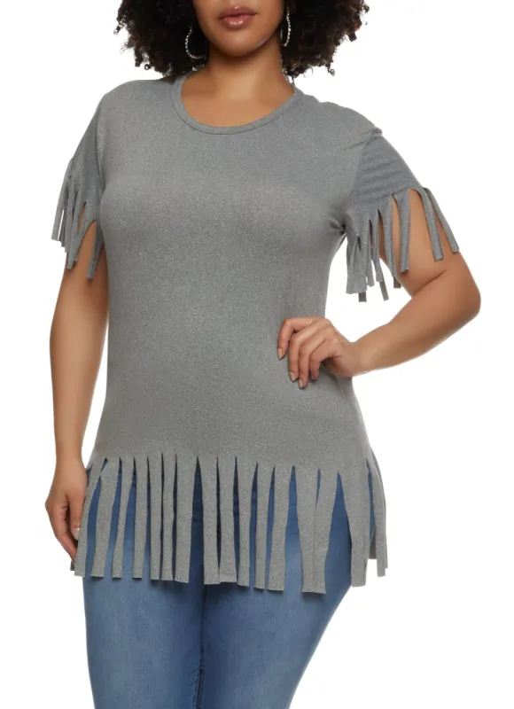 Plus Size Short Sleeve Fringe Hem T Shirt sold by Rainbow