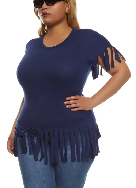 Plus Size Short Sleeve Fringe Hem T Shirt sold by Rainbow