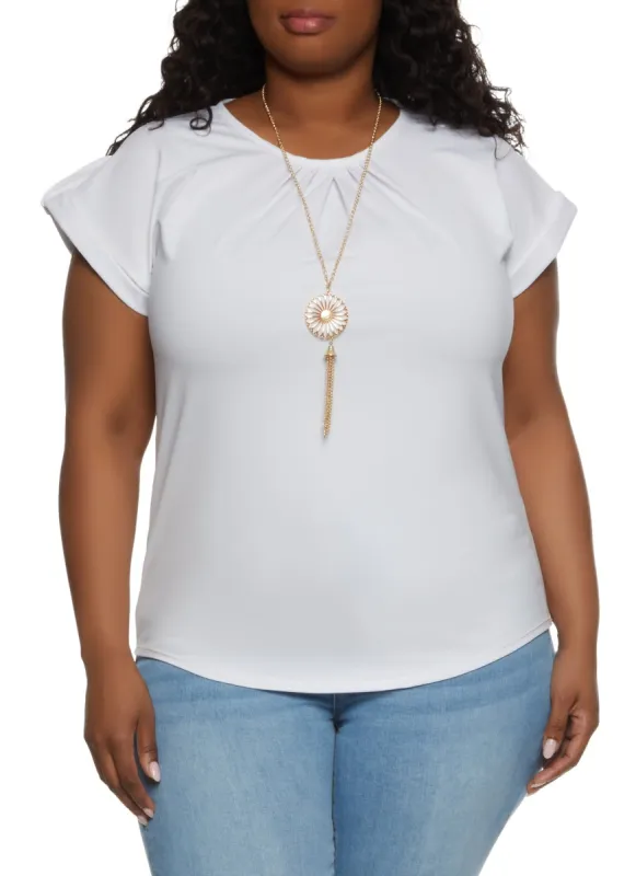 Plus Size Tabbed Short Sleeve Blouse with Necklace sold by Rainbow