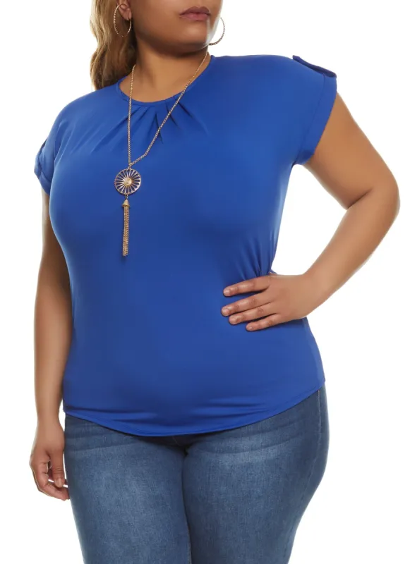 Plus Size Tabbed Short Sleeve Blouse with Necklace sold by Rainbow