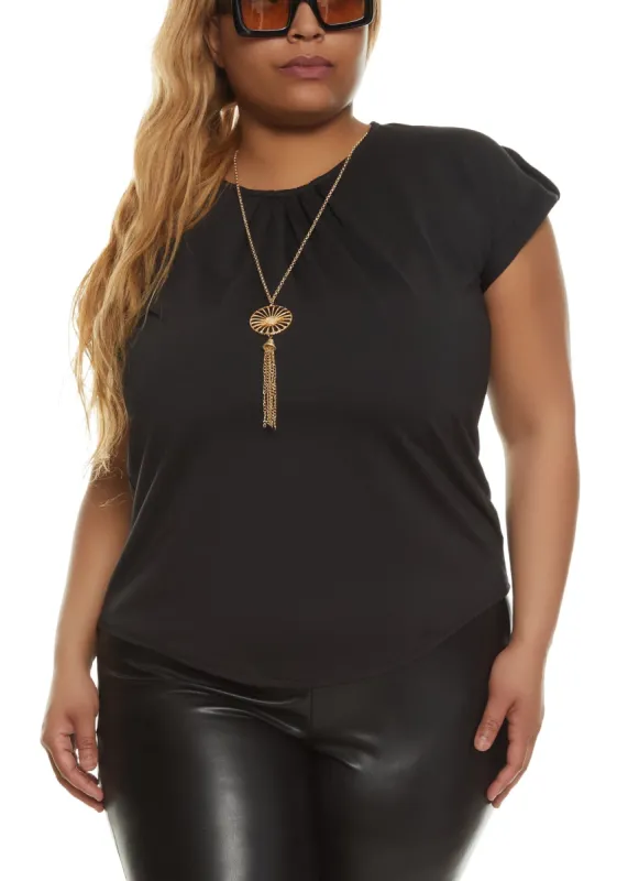 Plus Size Tabbed Short Sleeve Blouse with Necklace sold by Rainbow