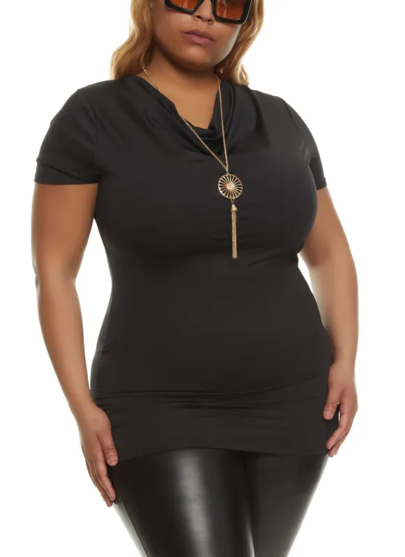 Plus Size Cowl Neck Top with Necklace sold by Rainbow