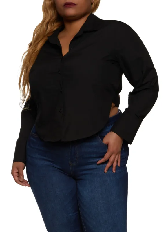 Plus Size Belted Open Back Button Front Shirt sold by Rainbow