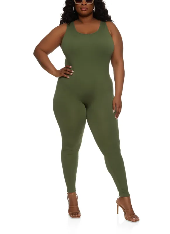 Plus Size Rib Knit Scoop Neck Catsuit sold by Rainbow