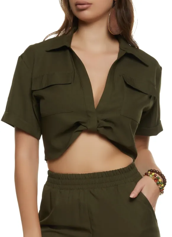 Crepe Knit Twist Front Pocket Shirt sold by Rainbow