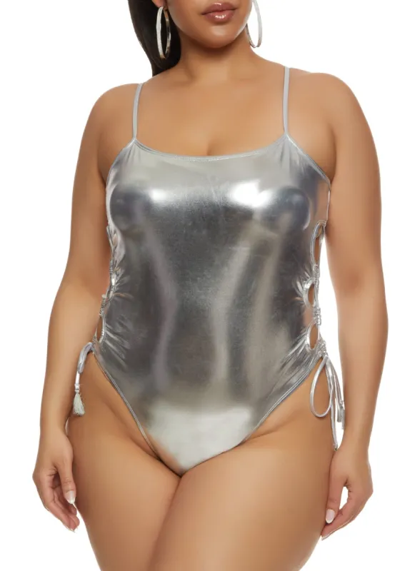 Plus Size Metallic Lace Up One Piece Swimsuit sold by Rainbow