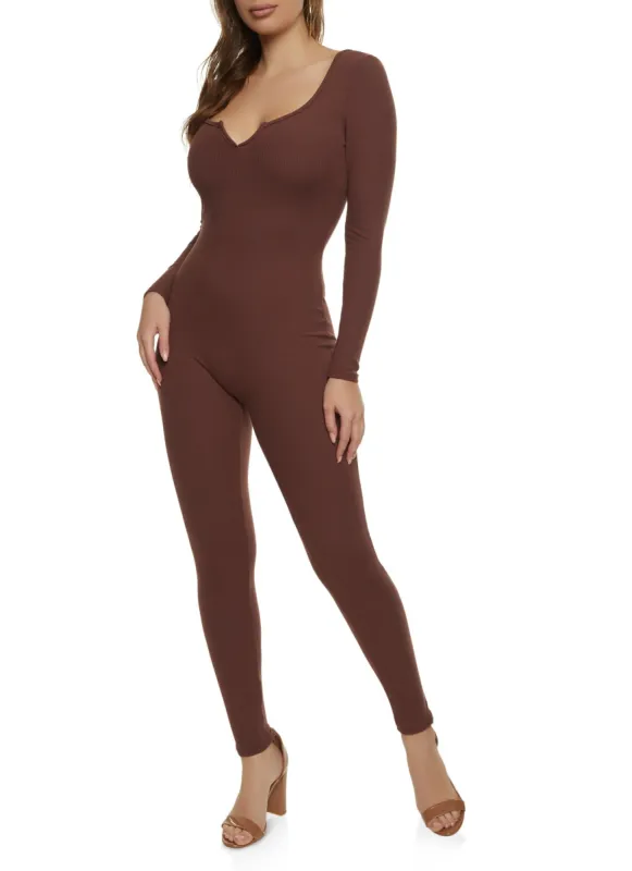 Ribbed Notch Neck Open Back Jumpsuit sold by Rainbow