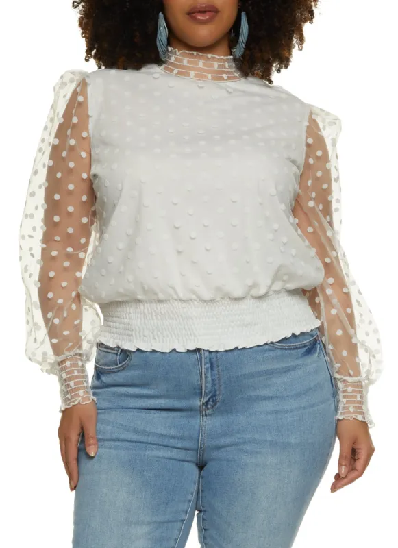 Plus Size Mesh Velvet Burnout Polka Dot Blouse sold by Rainbow