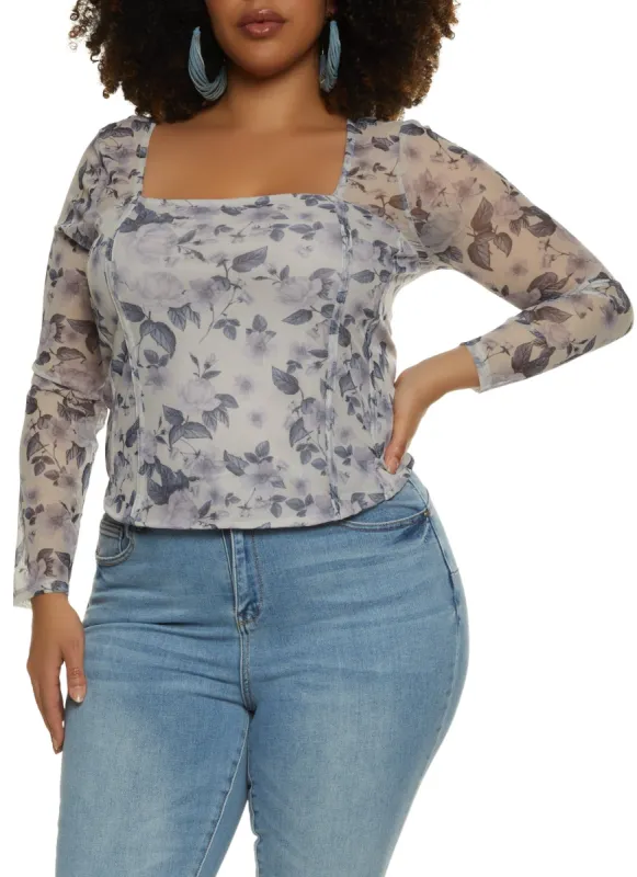 Plus Size Mesh Printed Long Sleeve Corset Top sold by Rainbow