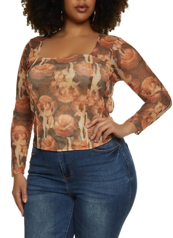 Plus Size Mesh Printed Long Sleeve Corset Top sold by Rainbow