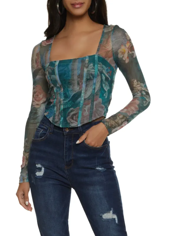 Mesh Printed Long Sleeve Corset Top sold by Rainbow
