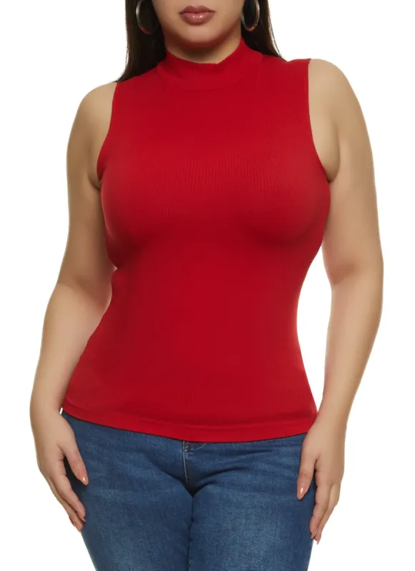 Plus Size Rib Knit Seamless Mock Neck Tank Top sold by Rainbow