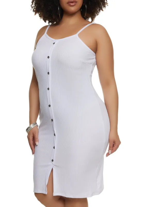 Plus Size Ribbed Knit Faux Button Front Cami Dress sold by Rainbow