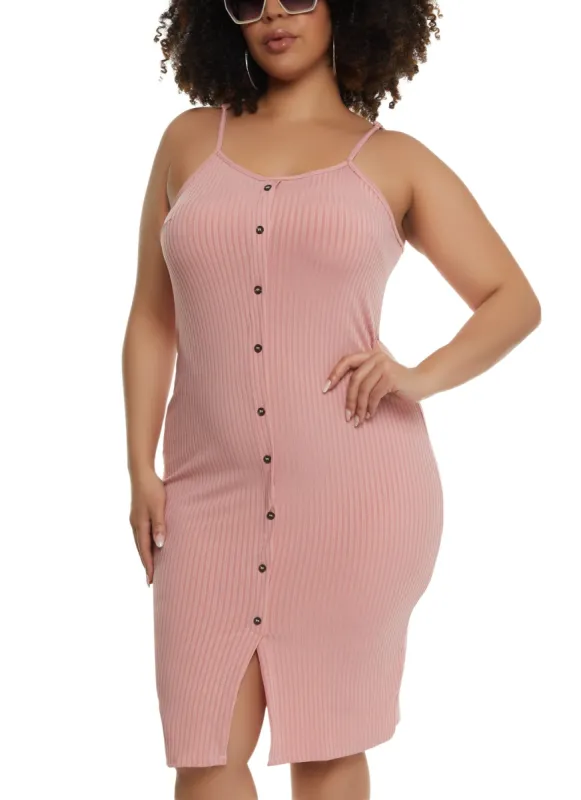 Plus Size Ribbed Knit Button Detail Cami Dress sold by Rainbow