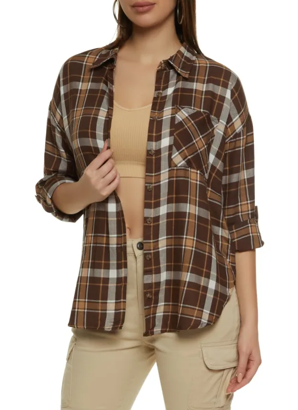 Plaid Tabbed Sleeve Button Down Top sold by Rainbow