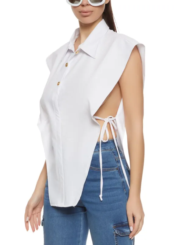 Open Tie Side Half Button Front Top sold by Rainbow