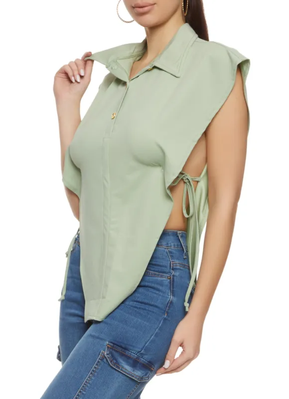 Open Tie Side Half Button Front Top sold by Rainbow