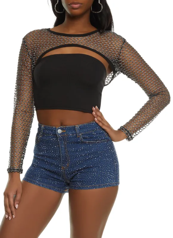 Lurex Fishnet Long Sleeve Crop Top with Tube Top sold by Rainbow
