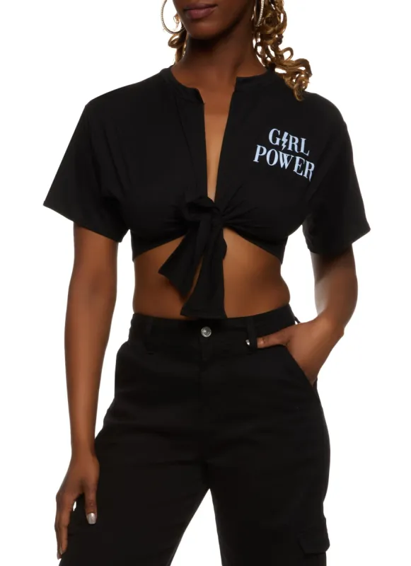 Tie Front Grl Power Cropped Graphic Tee made by Rainbow