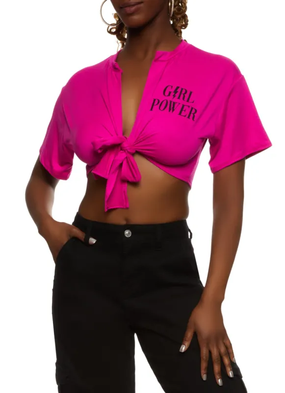Tie Front Grl Power Cropped Graphic Tee sold by Rainbow