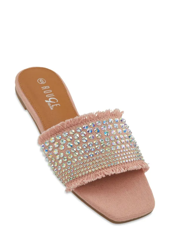 Frayed Denim Rhinestone Slide Sandals sold by Rainbow