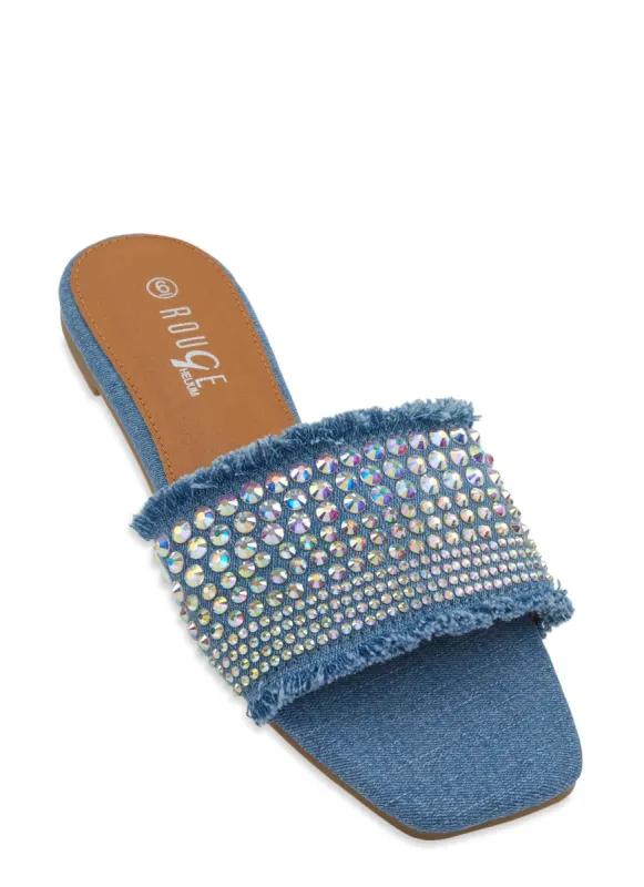 Frayed Denim Rhinestone Slide Sandals sold by Rainbow