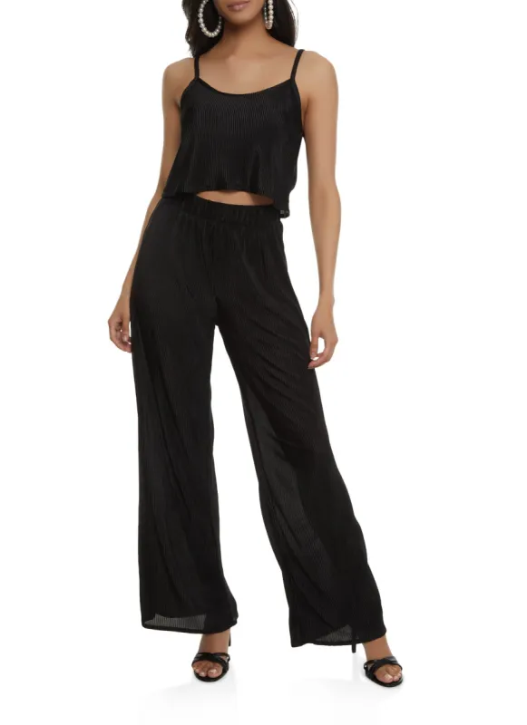 Plisse Scoop Neck Cami and Wide Leg High Waisted Pants sold by Rainbow