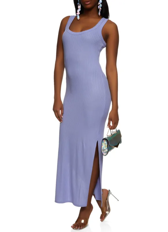 Ribbed Knit Side Slit Maxi Tank Dress sold by Rainbow