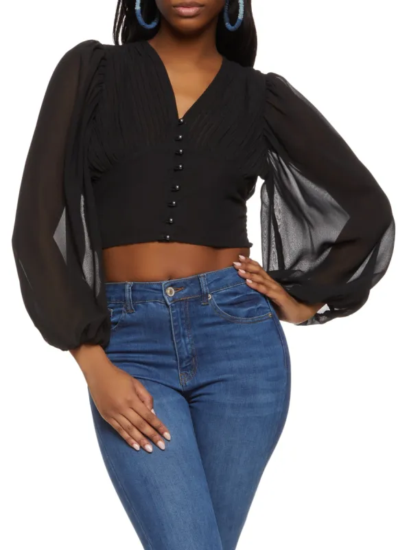 Pleated Button Front Cropped Blouse sold by Rainbow