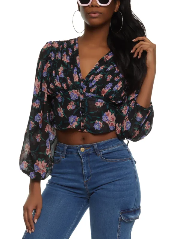 Floral Pleated Button Front Cropped Blouse sold by Rainbow