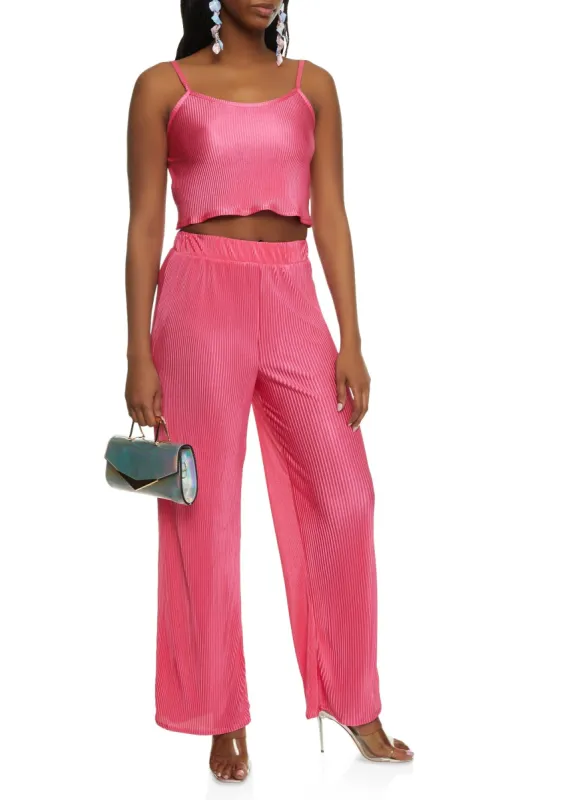 Plisse Scoop Neck Cami and Wide Leg High Waisted Pants sold by Rainbow