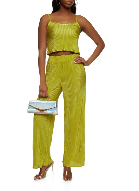 Plisse Scoop Neck Cami and Wide Leg High Waisted Pants sold by Rainbow